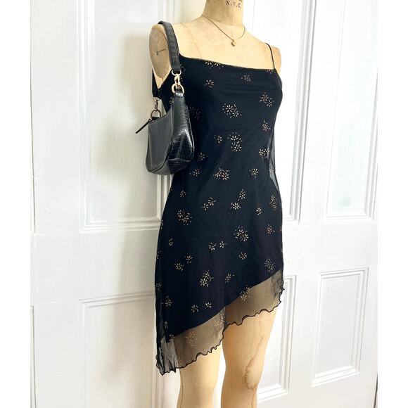 Vintage Party asymmetrical dress with golden floral details, tie straps, sheer - Picture 3 of 8